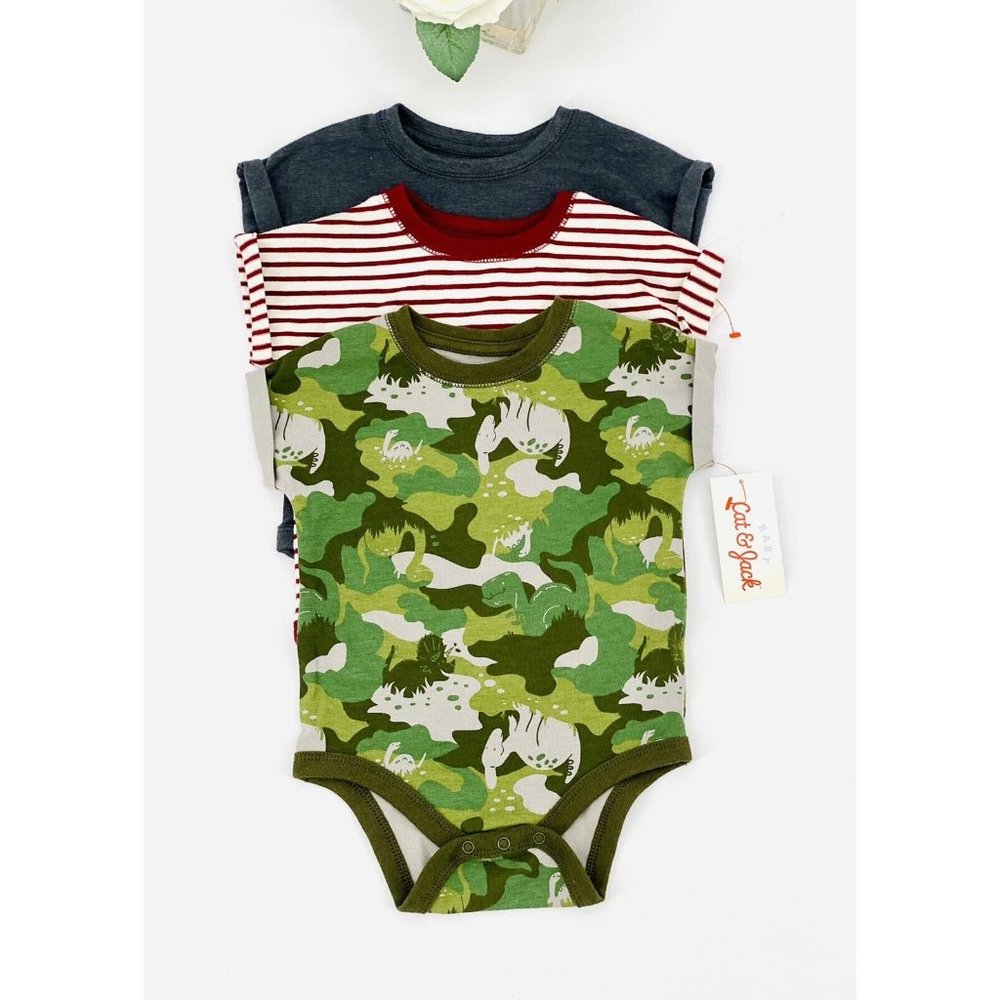 NEW Baby Boy’s 3 Piece Bodysuit Set Dino Camo Print T-Shirt Sz 3-6Mos Cat & Jack